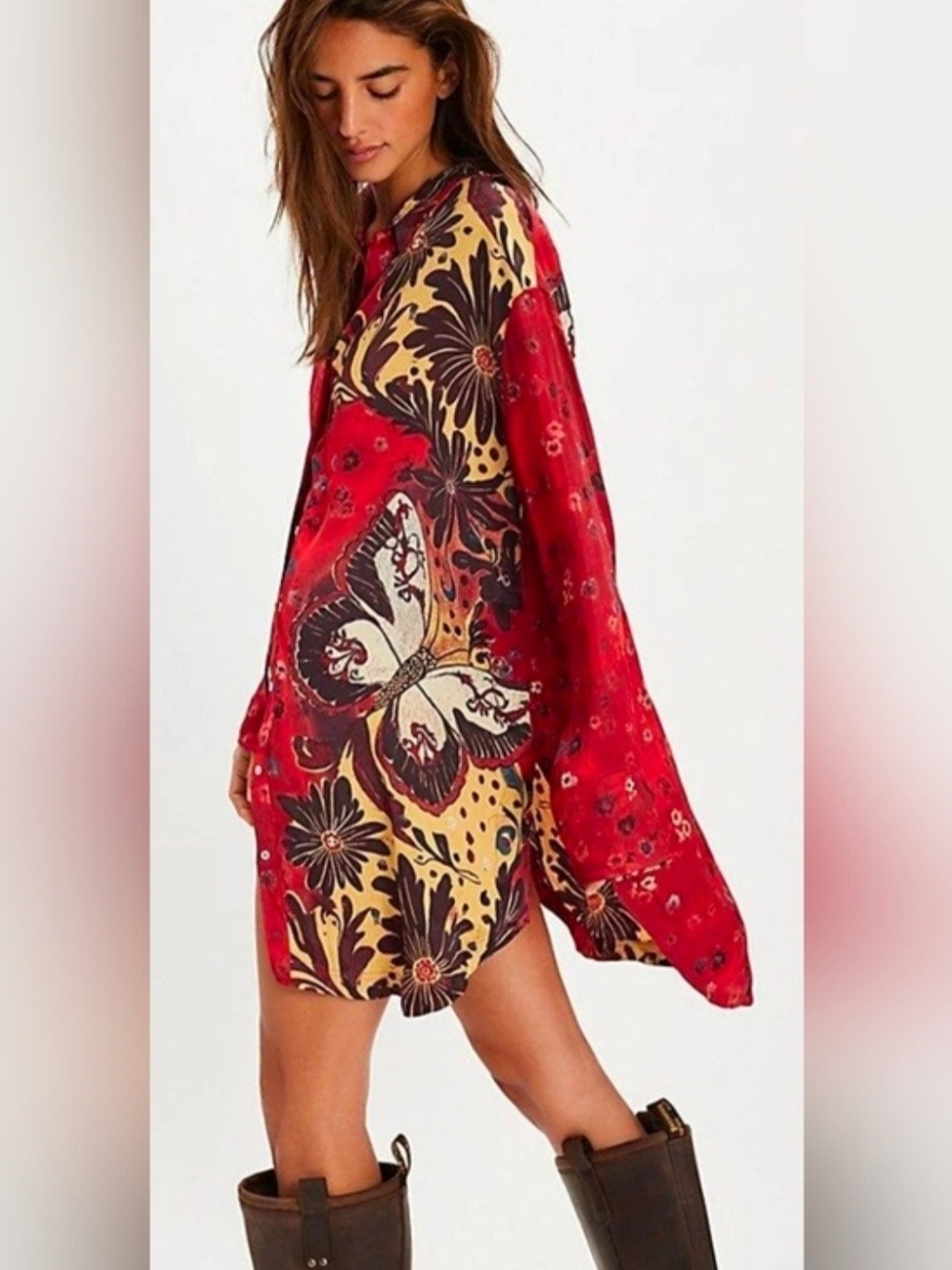 Free People Off The Vine Button Down Tunic S Ruby Butterfly Floral NWT Boho - Picture 4 of 13